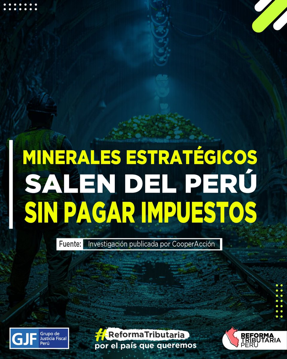 TributariaYa's tweet photo. ⚠️ ¿Sabías que hay minerales estratégicos que salen del Perú sin pagar impuestos?
➡️ https://t.co/r1vWlgqRa3
☝️ Conoce acerca de este importante hallazgo en investigación de @CooperAccionPER
🔎 Informe ➡️ https://t.co/r1vWlgqRa3

#justiciatributaria #justiciafiscal #mineria https://t.co/EePtkgKCuA
