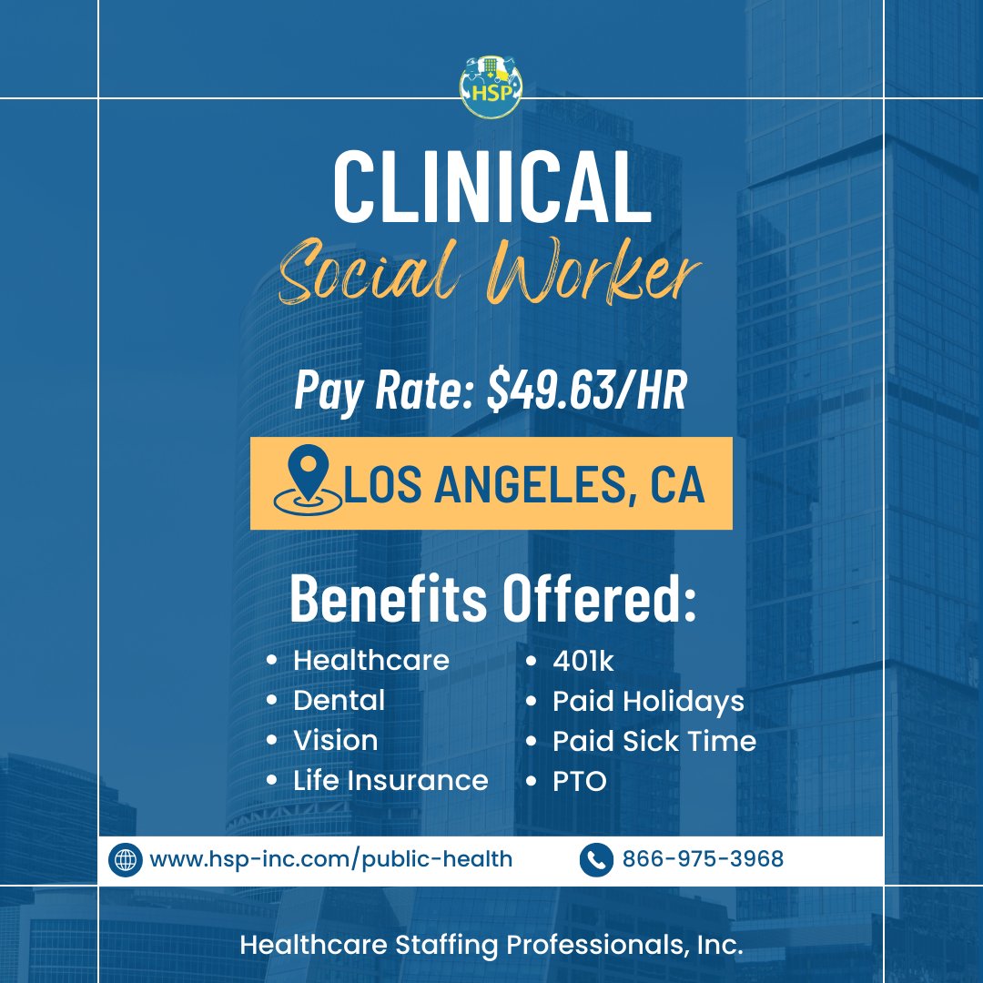 Make a profound impact in public health! 🌟 HSP is looking for a Clinical Social Worker in Los Angeles, CA. This position offers $49.63/HR with full benefits. Ready to take on this rewarding challenge? Apply today at apply@hsp-inc.com. #JoinOurTeam