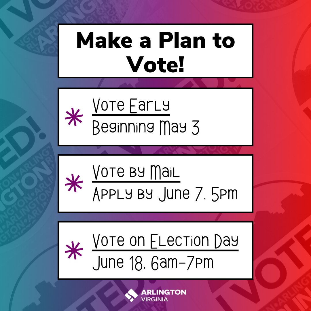 Early Voting for the June 18, 2024 Dual Party Primary Election starts in one week on Friday, May 3! Have you made a plan to vote? Sample Ballots are available on our website. vote.arlingtonva.gov/Elections

#ArlingtonVotes #Vote2024