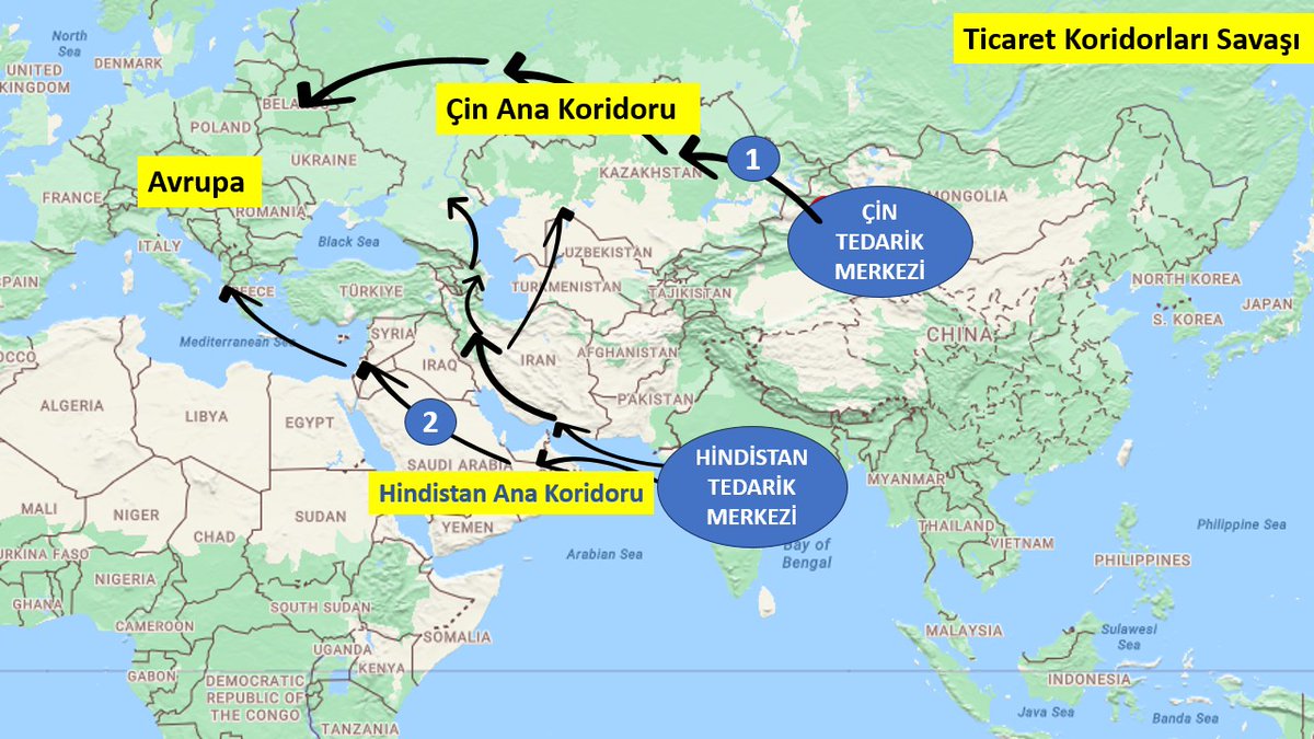 Ticaret Koridorları savaşını anlatmak istedim.Asya'nın 2 dev tedarikçisi.ÇİN-Hindistan.Üretim ve Lojistik üsler bu ülkeler.
Çin, Kazakistan üzerinden (1 nolu koridor) kara-demiryolu,işi neredeyse bitirdi
Hindistan yeni decreye girdi
Biden'ın önerisi 2 nolu koridor(BAE-SA:İsrail)