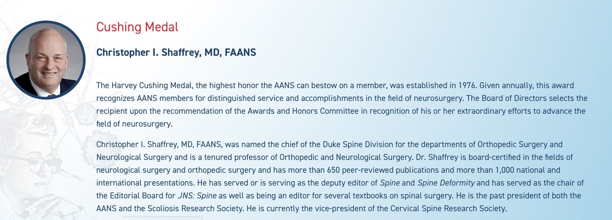 AANS/CNS Spine Section (@spinesection) on Twitter photo Congratulations to past Spine Section Chair Dr. Christopher Shaffrey on being awarded the Cushing Medal. This is AANS highest honor and is in recognition of his tremendous contributions to the field of neurosurgery! <a href="/Dukeneurosurg/">Duke Neurosurgery</a> <a href="/AANSNeuro/">AANS</a> <a href="/CNS_Update/">CNS</a> <a href="/SRS_org/">Scoliosis Research Society</a> <a href="/CheeragU/">Cheerag Upadhyaya, MD, MBA, MSc, FAANS, FACS</a> Congratulations to past Spine Section Chair Dr. Christopher Shaffrey on being awarded the Cushing Medal. This is AANS highest honor and is in recognition of his tremendous contributions to the field of neurosurgery! <a href="/Dukeneurosurg/">Duke Neurosurgery</a> <a href="/AANSNeuro/">AANS</a> <a href="/CNS_Update/">CNS</a> <a href="/SRS_org/">Scoliosis Research Society</a> <a href="/CheeragU/">Cheerag Upadhyaya, MD, MBA, MSc, FAANS, FACS</a>