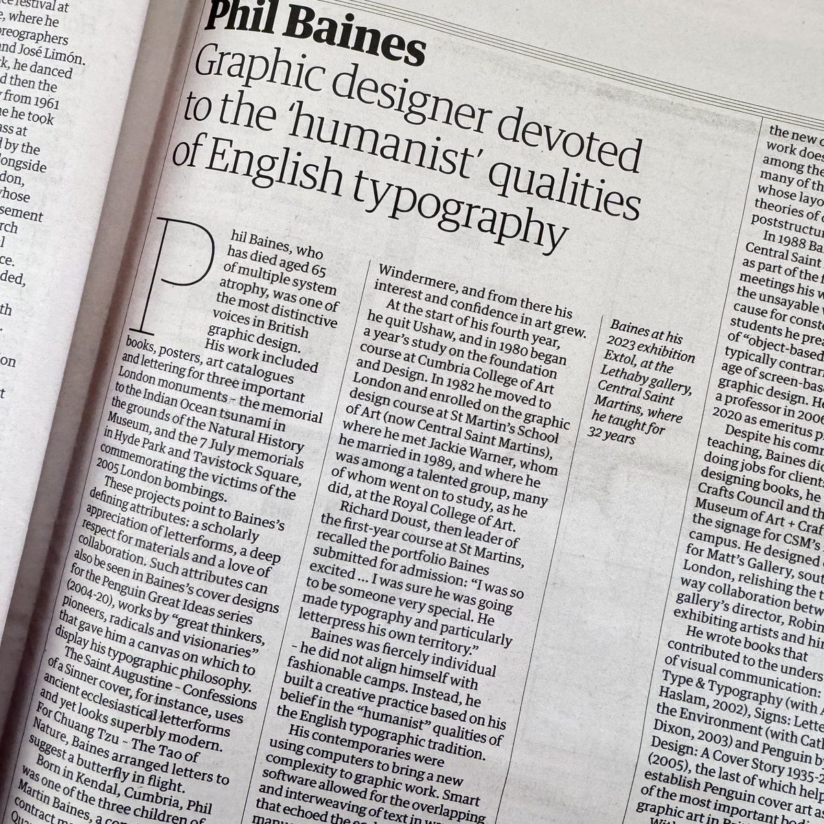 My Phil Baines obituary is in today’s @guardian - the ink and paper version. You can find online version here: theguardian.com/artanddesign/2… Thanks to @ThinkingType for her help.