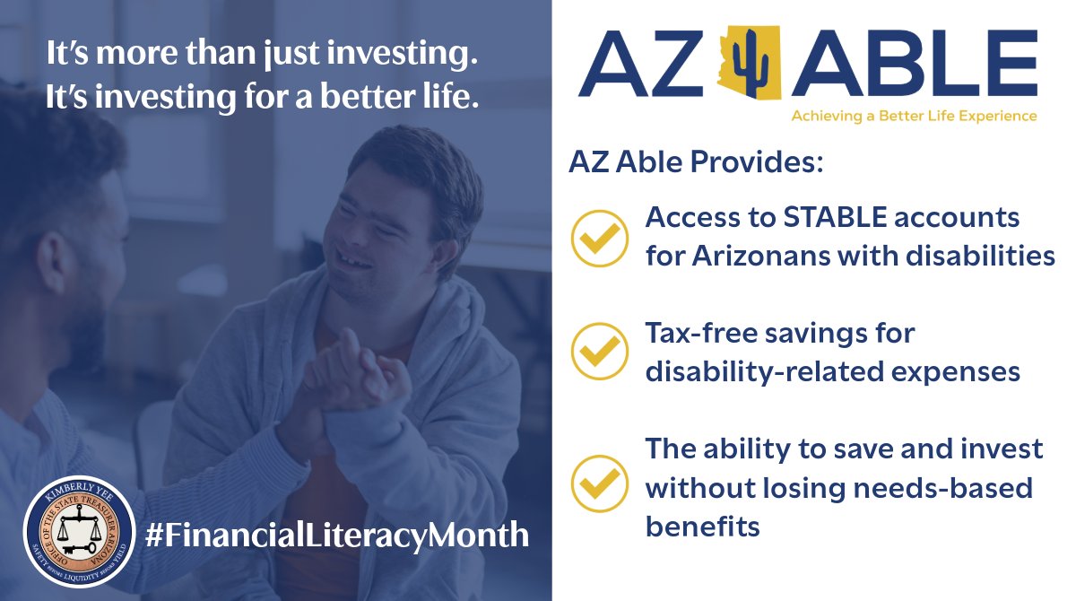 Did you know @ArizonaDES offers ABLE savings account programs that help individuals with disabilities achieve more independence and financial security? To learn more, visit: az-able.com | #FinancialLiteracyMonth