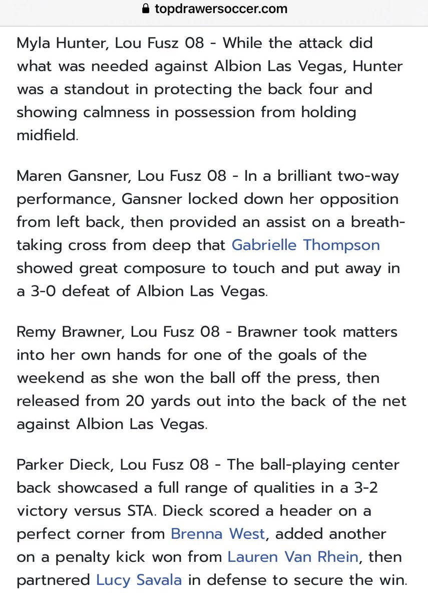 Thank you for recognizing so many of our players <a href="/TopDrawerSoccer/">TopDrawerSoccer</a> 

<a href="/MylaHunter36/">Myla Hunter</a> <a href="/maren_gansner9/">Maren Gansner</a> <a href="/remybird09/">Remy Brawner</a> <a href="/parkerdieck/">Parker Dieck</a> <a href="/Gabby_Thompson4/">Gabby Thompson</a> <a href="/brennawest02/">brenna</a> @laurenvanrhein <a href="/Lucysavala27/">lucille savala</a> 

Well done, ladies! 

 <a href="/GAcademyLeague/">Girls Academy</a>