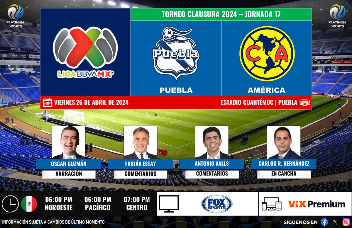 ⚽️ #LigaBBVAMX 🇲🇽 | #Puebla vs. #América 
🇲🇽📺 @FOXSportsMX 
🎙️ @guzmanjuegue 
🎙️ @FABIANESTAY10 
🎙️ @TonyVallsFox 
🎙️📝 @crh_oficial 
 
#LaFranjaxFSMX - #LigaMXenFSMX