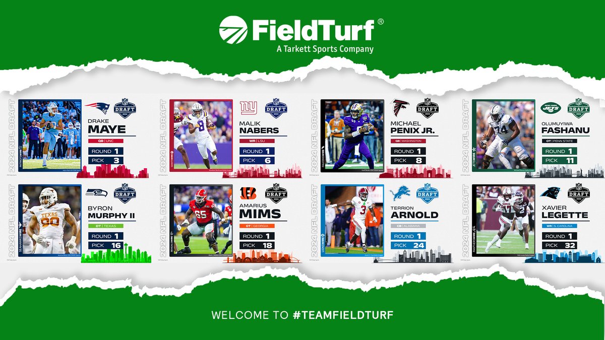 Last night marked another memorable @NFL Draft for #TeamFieldTurf: @Bengals, @AtlantaFalcons, @Giants, @nyjets, @Lions, @Panthers, @Patriots & @Seahawks. 🏈👏🏈👏🏈👏 Congrats to all the 1st-round picks, who we can't wait to see in action with their new teams, including: Drake…