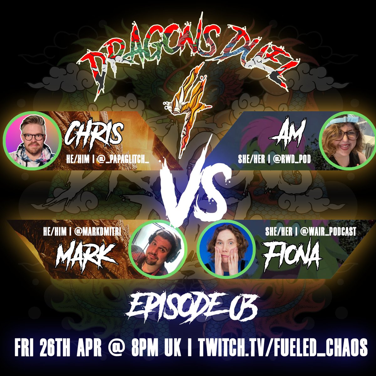 TONIGHT @ 8PM UK DRAGONS DUEL THE D&D GAMESHOW RETURNS! with some returning guests too: Am of @RWD_Pod , Fiona of @WAIR_podcast & @markdmitri w/ the only newcomer the 1 & only @_Papaglitch_ ! & as always my Co-host @MagicalyMundane is there to keep us on track! Links below: