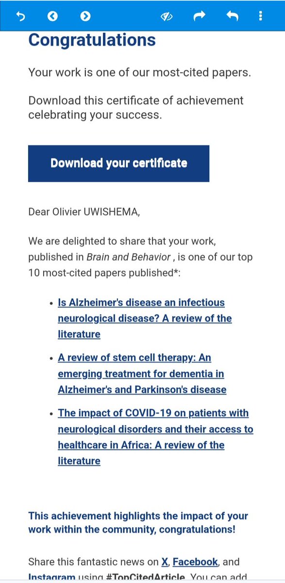 Received a certificate from Wiley in Research (@wileyinresearch ) for my 3 articles, recognized as the top 10 most-cited papers published in Brain and Behavior Journal between 2022 and 2023. The titles of my 3 articles are: 1) 'Is Alzheimer's disease an infectious neurological