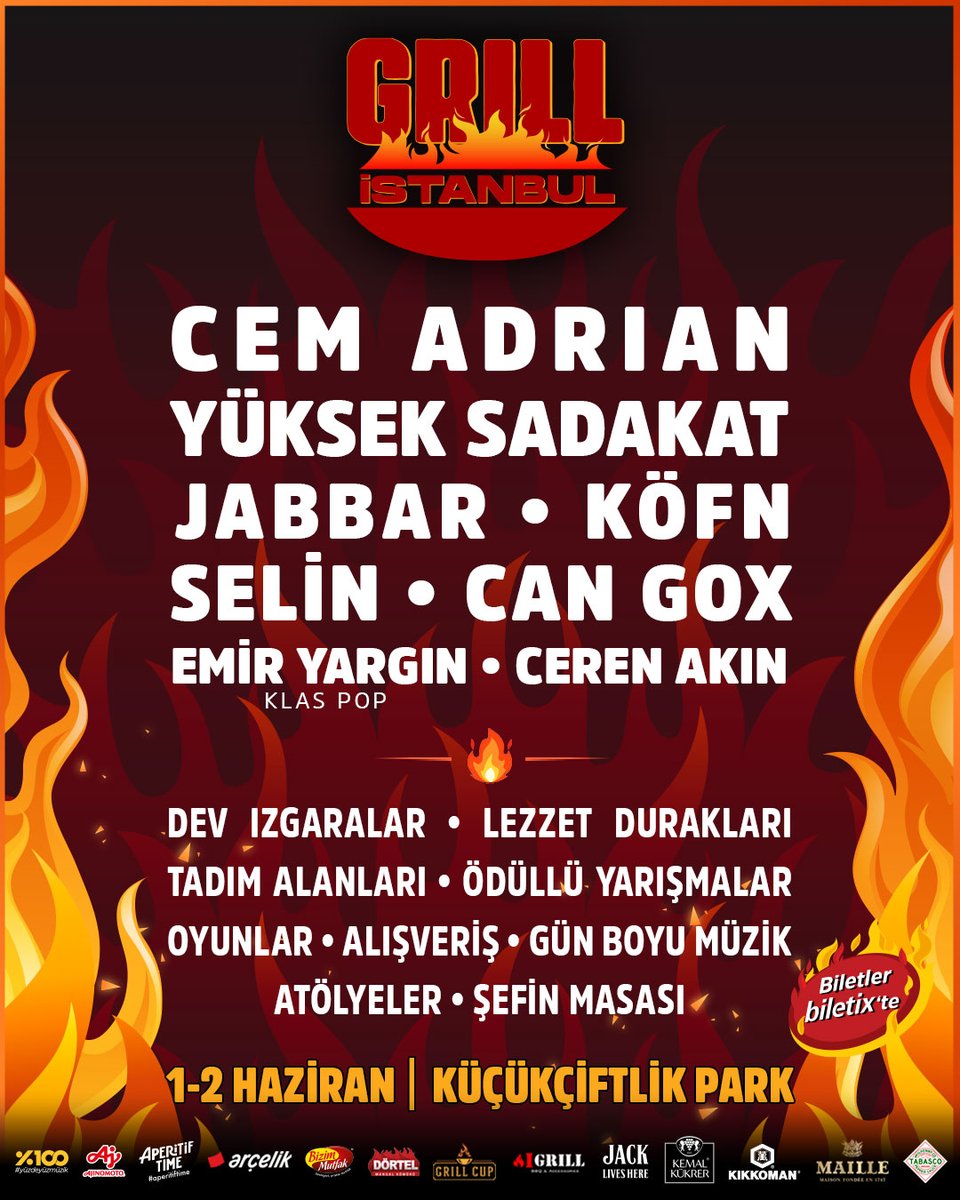 İşte Grill İstanbul’un merakla beklenen sahne programı! 🎵 Here’s the awaited musical lineup of Grill Istanbul! 🎵 🗓1 Haziran - June 1st YÜKSEK SADAKAT JABBAR CAN GOX CEREN AKIN 🗓2 Haziran - June 2nd CEM ADRIAN KÖFN SELİN EMİR YARGIN 🎫 @Biletix 🔗biletix.com/etkinlik-grup/…