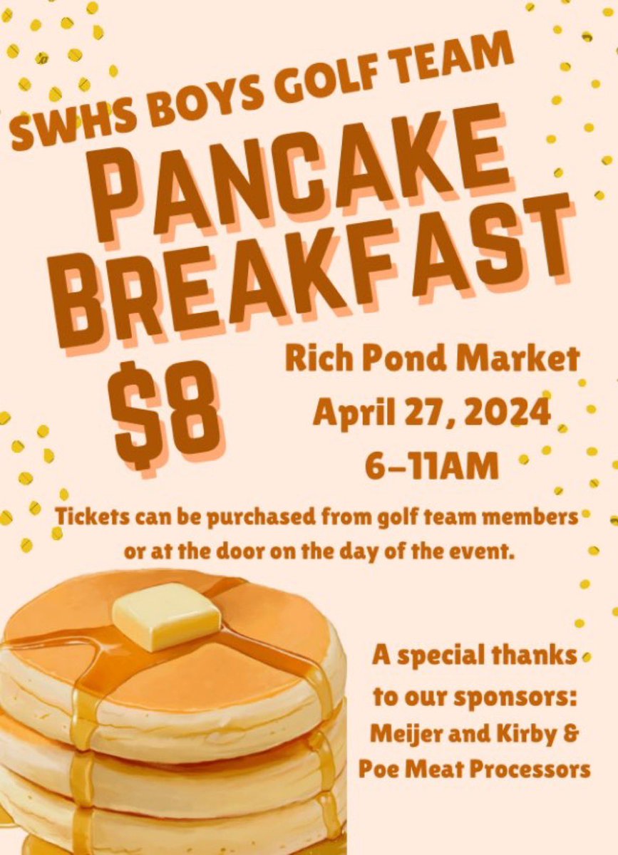 Hope to see everyone @ the Spartan Golf Team Pancake Breakfast at Rich Pond Market on Saturday Morning!! 6am - 11am