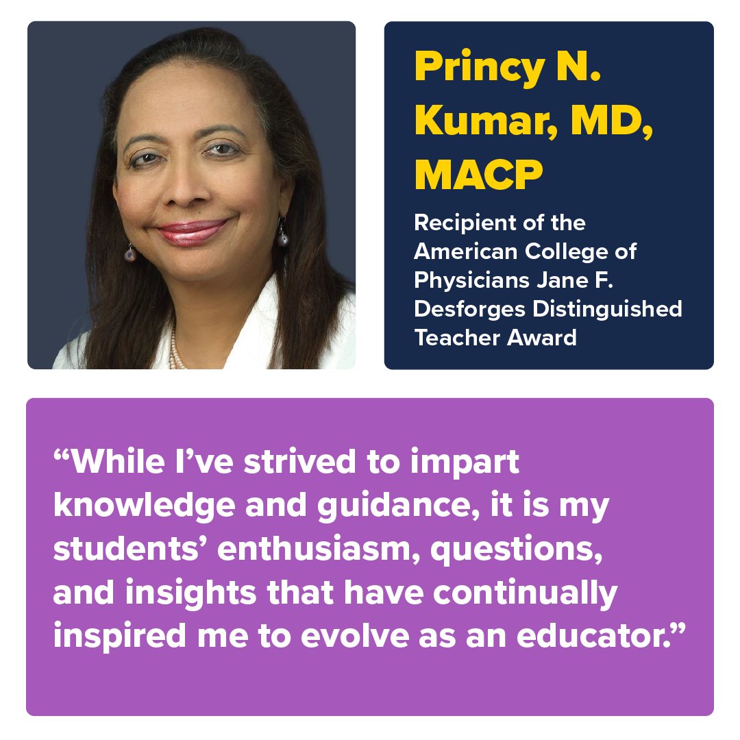 Congratulations to Princy N. Kumar, MD, MACP, recipient of the @ACPIMPhysicians  Jane F. Desforges Distinguished Teacher Award. 🎉 #MedStarHealthProud som.georgetown.edu/news-releases/…