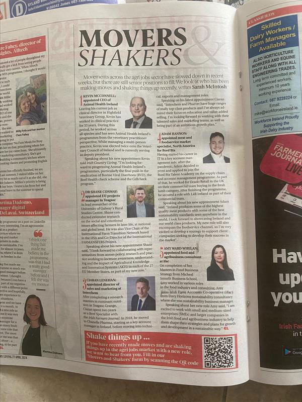 One of our newest team members Amy Ward Whelan, Food & Agribusiness Consultant, features in this weeks @farmersjournal Movers and Shakers. 🌱 With a Masters in Food Business Strategy from @UCD Michael Smurfit School and a background in roles across the #food industry and…