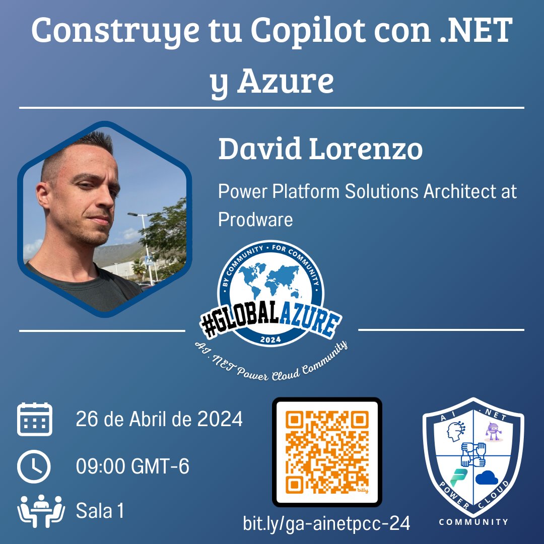 ¡Comenzamos el #GlobalAzure de la comunidad!

Tema: Construye tu Copilot con #dotnet y #azure 

Ponente: <a href="/dlorenzolop/">David Lorenzo</a>

Aprender a crear tus copilots con código y consultar tus propios datos con IA Generativa

En vivo:
youtube.com/watch?v=a4gI0U…