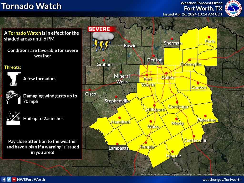 WEATHER ADVISORY (4/26): Dallas & Collin County are under a 𝗧𝗢𝗥𝗡𝗔𝗗𝗢 𝗪𝗔𝗧𝗖𝗛 until 6pm this evening according to @NWSFortWorth. Here’s a friendly reminder of the difference between a WATCH and a WARNING. Sign up for emergency notifications at carrolltonalert.com