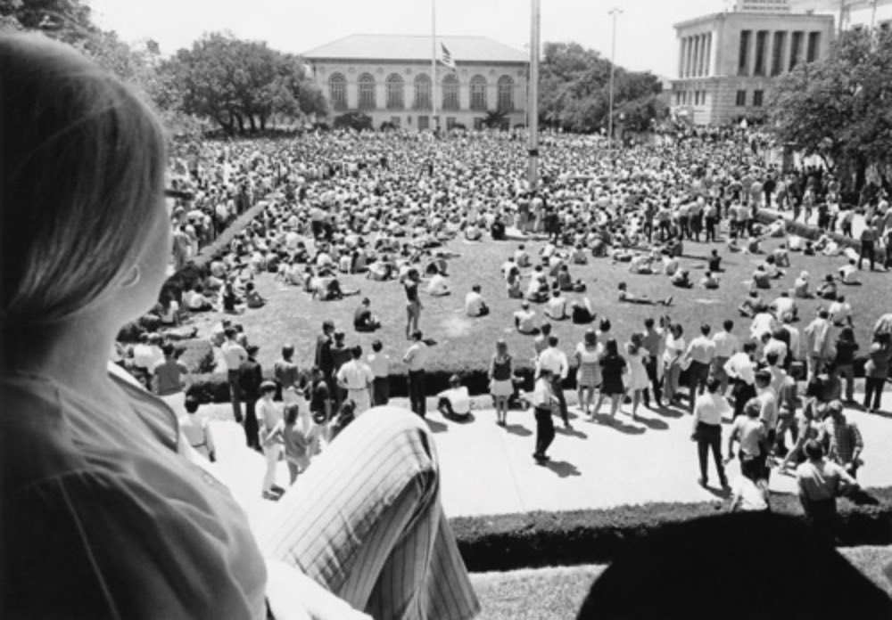 Above is Kent State 1970; below is University of Texas 2024. The second image shows UT students protesting the Kent State killings in 1970.