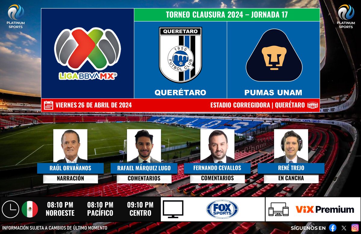 ⚽️ #LigaBBVAMX 🇲🇽 | #Querétaro vs. #Pumas 
🇲🇽📺 @FOXSportsMX 
🎙️ @RaulOrvananos 
🎙️ @RafaMLOficial 
🎙️ @FerCevallosF 
🎙️📝 @renetrejo19 
 
#GallosxFSMX - #LigaMXenFSMX