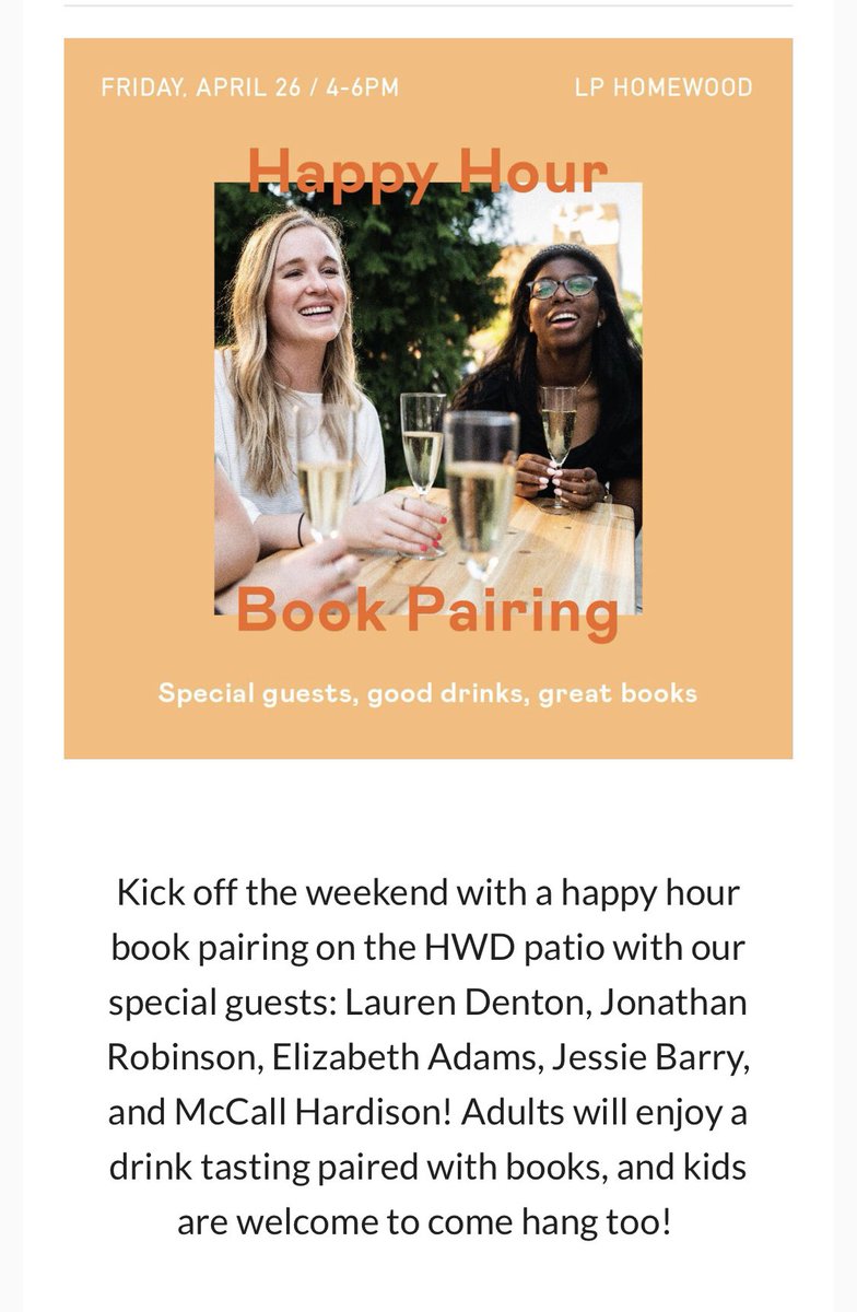 Come hang with me for some bibliotherapy time &amp; a patio manhattan at <a href="/littleprofbham/">Little Professor Bookshop</a>, 4-6 today