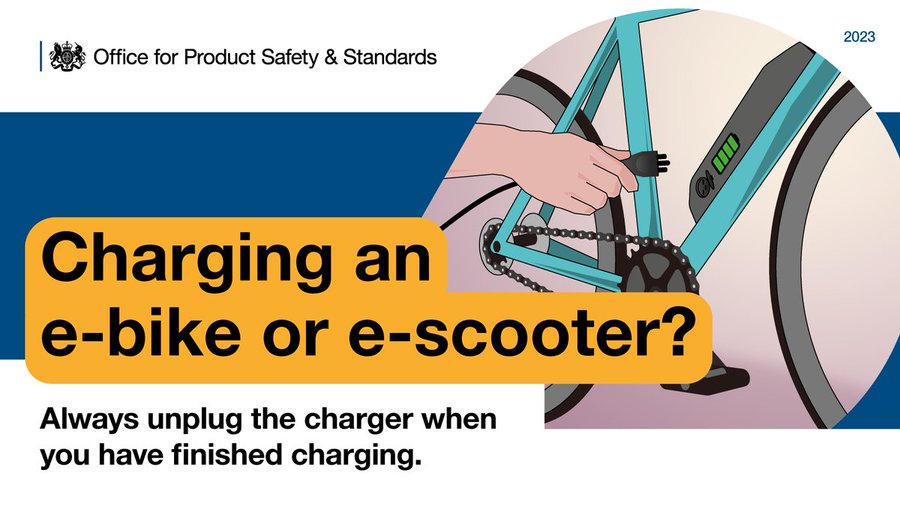 Charging an e-bike or e-scooter? Always unplug the charger when you have finished charging. #ebikeandescootersafety