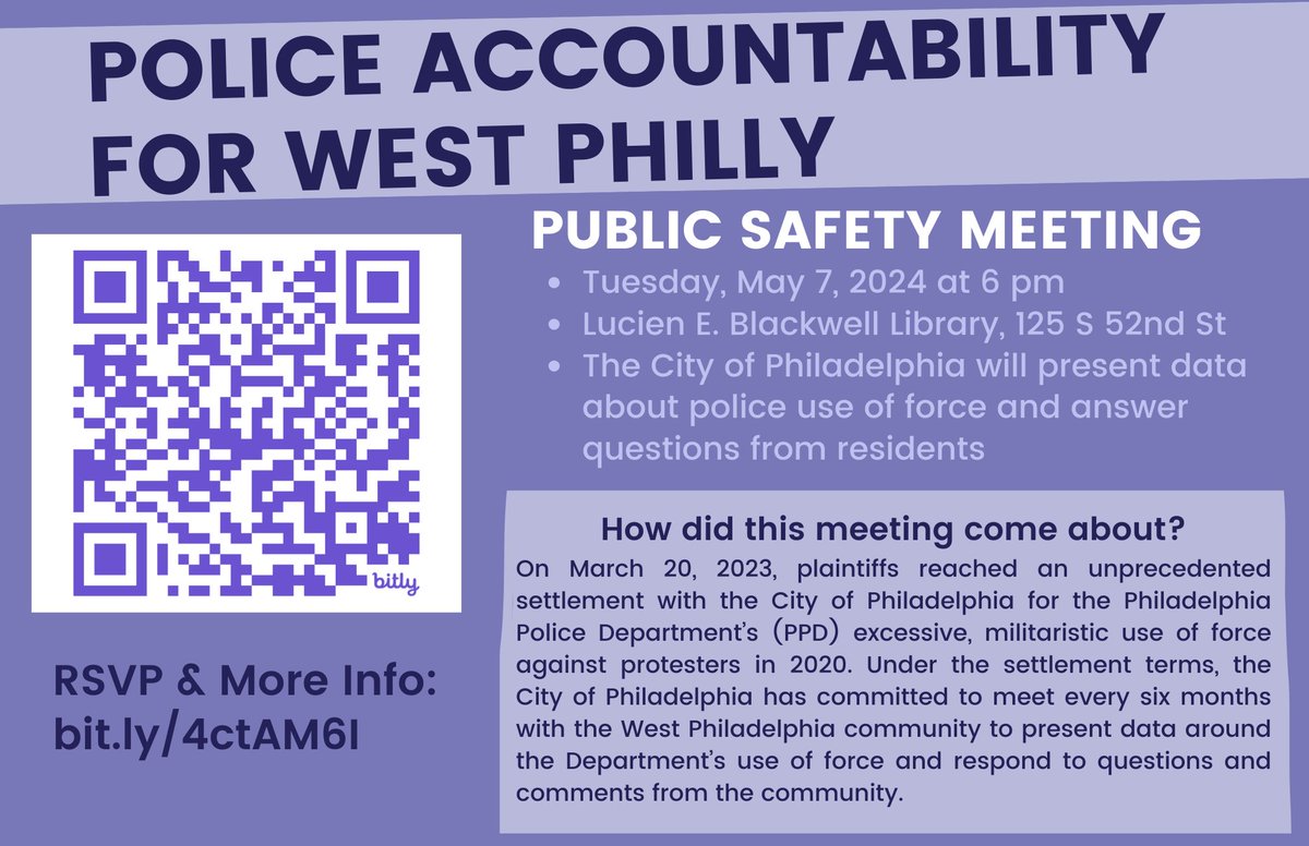 Save the date for Monday, May 7 at 6 pm at Lucien E. Blackwell Library in #WestPhilly for a police accountability meeting involving data on police use of force in our community.