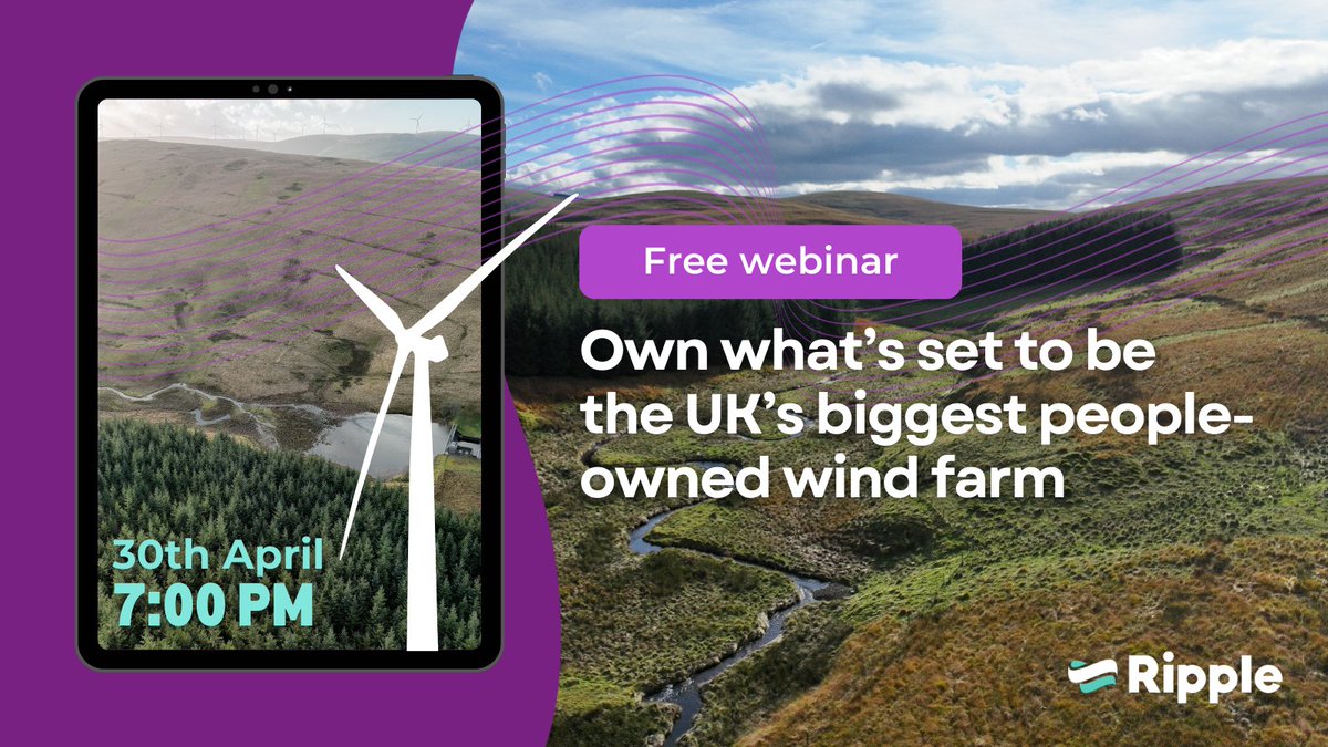 Undecided on owning part of our newest wind farm project? Join our free webinar to hear from the Ripple Directors on Tuesday 30th April at 7pm. Register by Monday 29th April 5pm and receive your secure link to attend: bit.ly/3UKwmSd