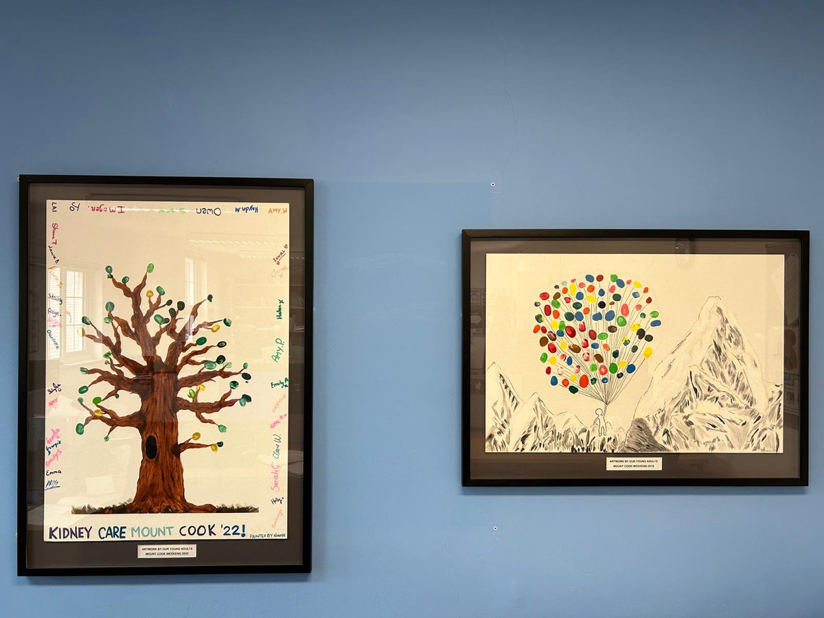 Every year at our annual residential weekend everybody who attends contributes to group artwork that symbolises our community. 💕 Our 2019 (right) and 2022 (left) projects are now framed in the @kidneycareuk office. 🖼️