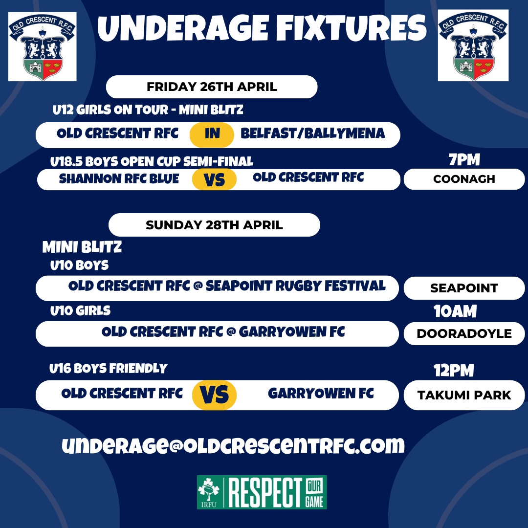 Please see the full list of underage action taking place this weekend The future's bright, the future's navy, blue and white #ocunderage #ocgirls #oldcrescentrfc #limerickrugby #ocboys