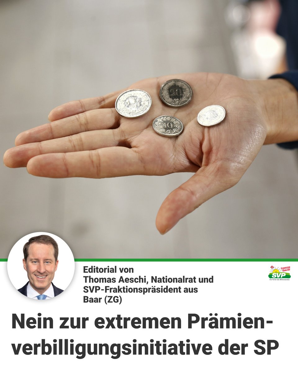 Die extreme Prämienverbilligungsinitiative der SP würde Mehrkosten von jährlich 7 bis 11,7 Mia. Franken verursachen. Dafür müsste die Mehrwertsteuer um weitere 2 bis 3 Prozent (!) erhöht werden. Deshalb am 9. Juni NEIN zur Prämienverbilligungsinitiative! svp.ch/aktuell/publik…