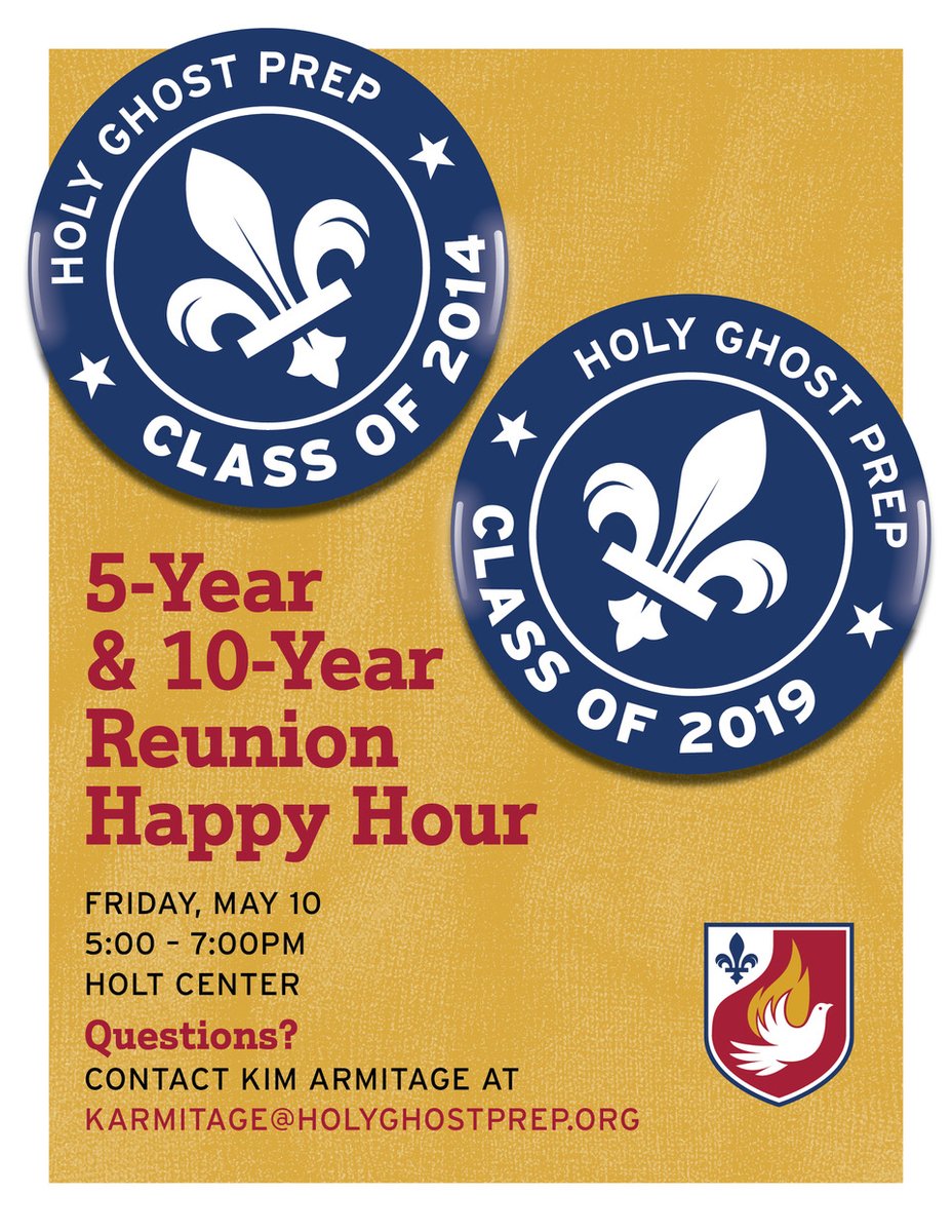 This is the last day to register for the @HolyGhostPrep Classes of 2019 and 2014 reunion. Your classmates and teachers are eager to see you!  Use this link to register today:
holyghostprep.org/support/specia…

#ThinkMemories #ThinkGhost