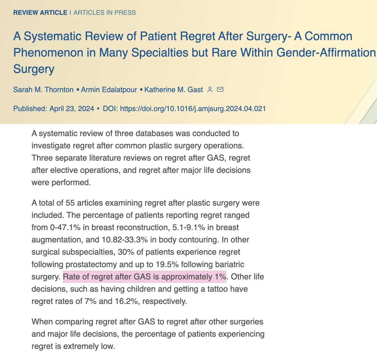 Just another systematic review finding that transition-related surgeries have extremely low rates of regret compared with other things we have no problem letting people decide to do.