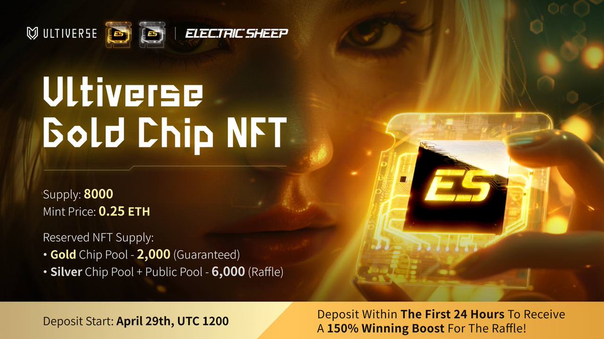 The Gold Chip NFT is designed for the people, driving the future of @UltiverseDAO with $ULTI. 📅The deposit phase begins on April 29th, 8 PM HKT / 8 AM EST / 12 PM UTC for 48 hours. 🔥Get a 150% winning boost in the raffles by depositing during the initial 24 hours of the