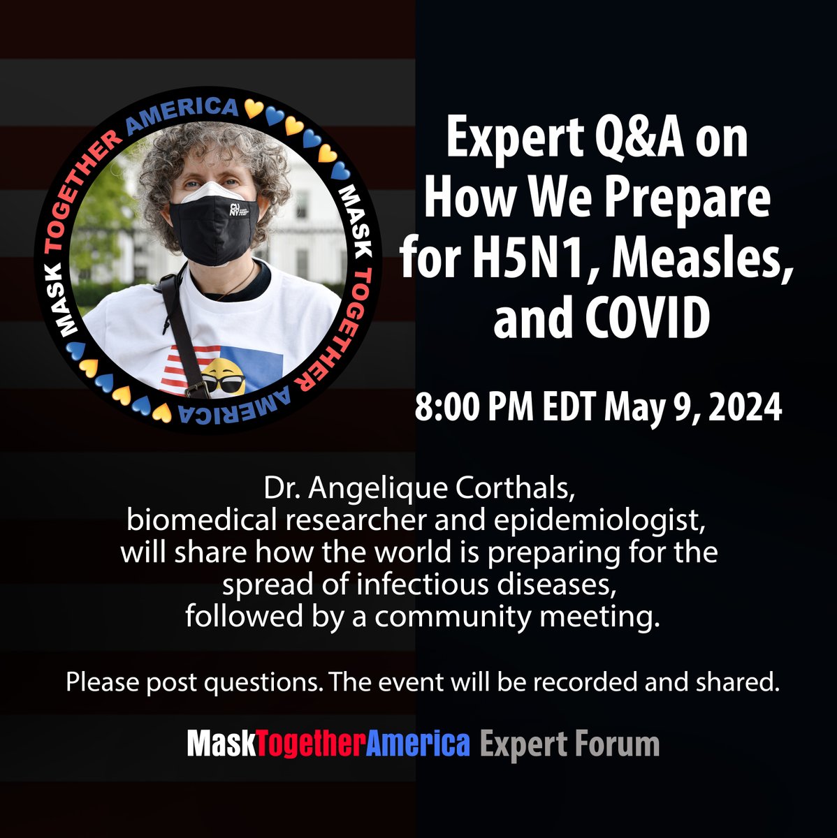 5/9 at 8PM EDT, FREE Webinar followed by a community meeting. Q&A on How We Prepare for H5N1, Measles, & COVID 👉Biomedical researcher & epidemiologist Dr. @AspCorthals will share how the world is preparing for the spread of infectious diseases. Register: bit.ly/4b3tRj4