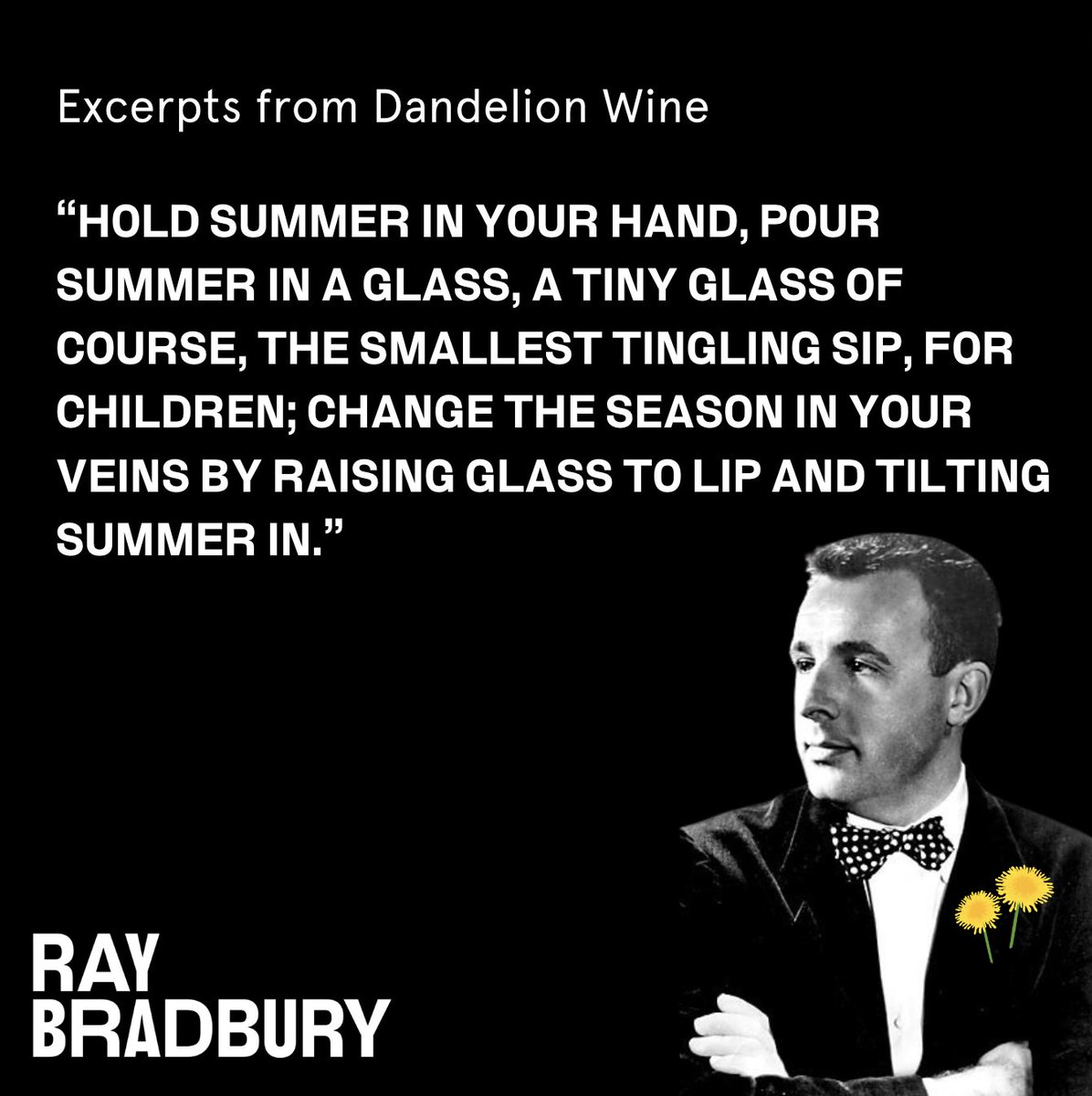 “Hold summer in your hand, pour summer in a glass, a tiny glass of course, the smallest tingling sip, for children; change the season in your veins by raising glass to lip and tilting summer in.” -Ray Bradbury, Dandelion Wine . . . #ExcerptsFromDandelionWine #RayBradbury #Read