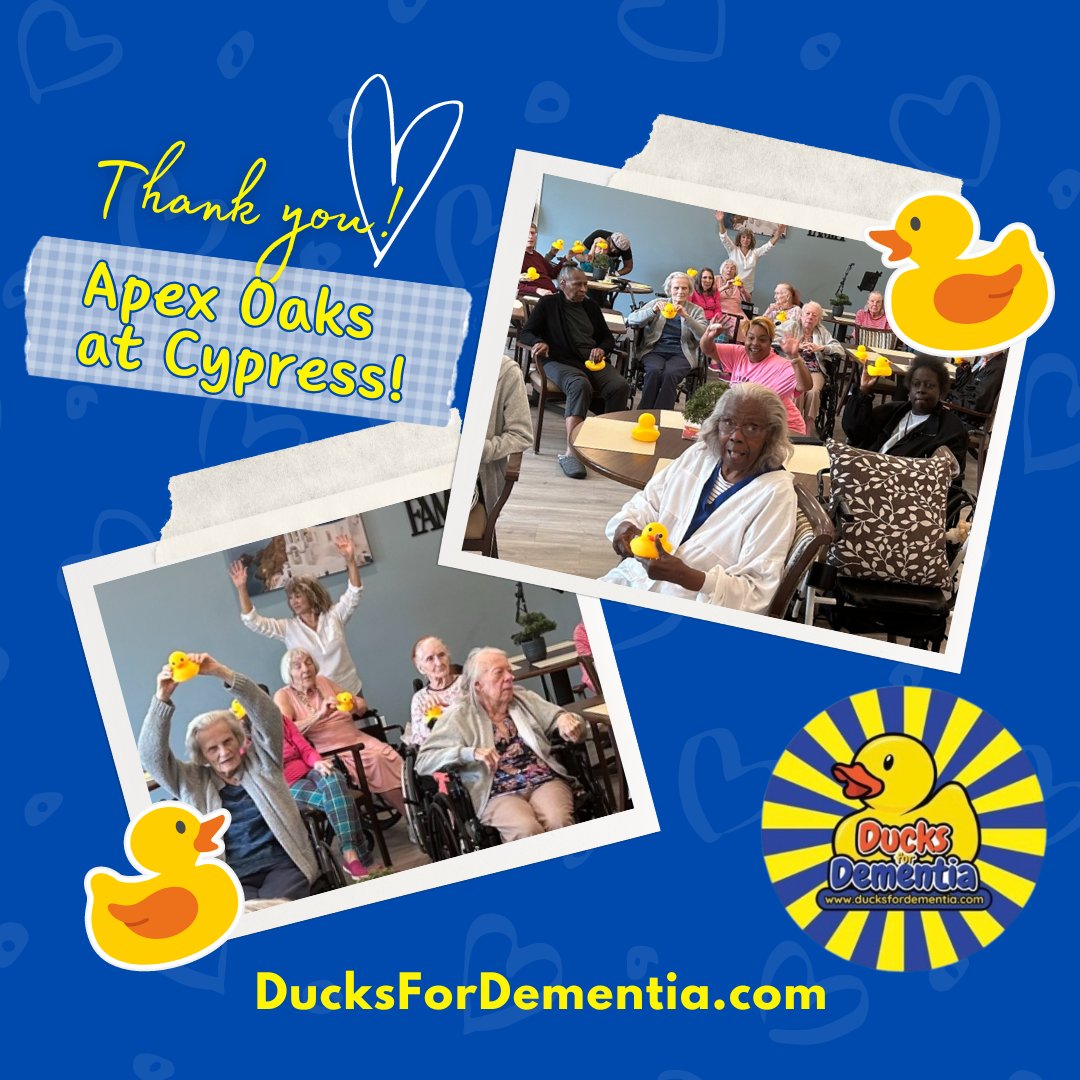 Thank you so much to Apex Oaks at Cypress for sharing these photos of your residents with our toy duck donation!

Ducks for Dementia is a 501c3 Non-Profit charity that donates toy ducks to residents with dementia in Memory Care homes throughout the country.