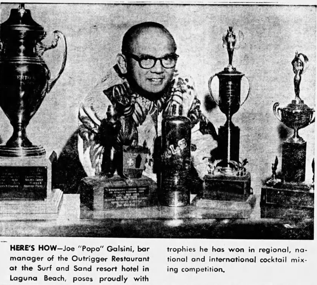 1962: José 'Popo' Galsini and his bartending trophies. He still had more to win.