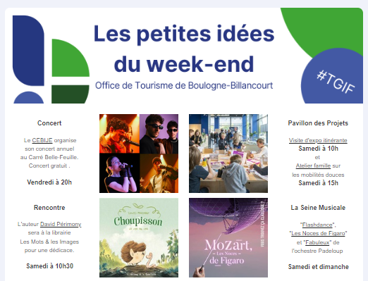 #𝗧𝗚𝗜𝗙
Concert, animations, spectacles : qu'avez-vous prévu ce #weekend à #boulognebillancourt ?

Voici nos petites idées 👉tinyurl.com/6uh8bcsz

@BoulogneCulture @Ville_BoulogneB #conférence #pavillondesprojets #histoire #concert #CEBIJE @LaSeineMusicale