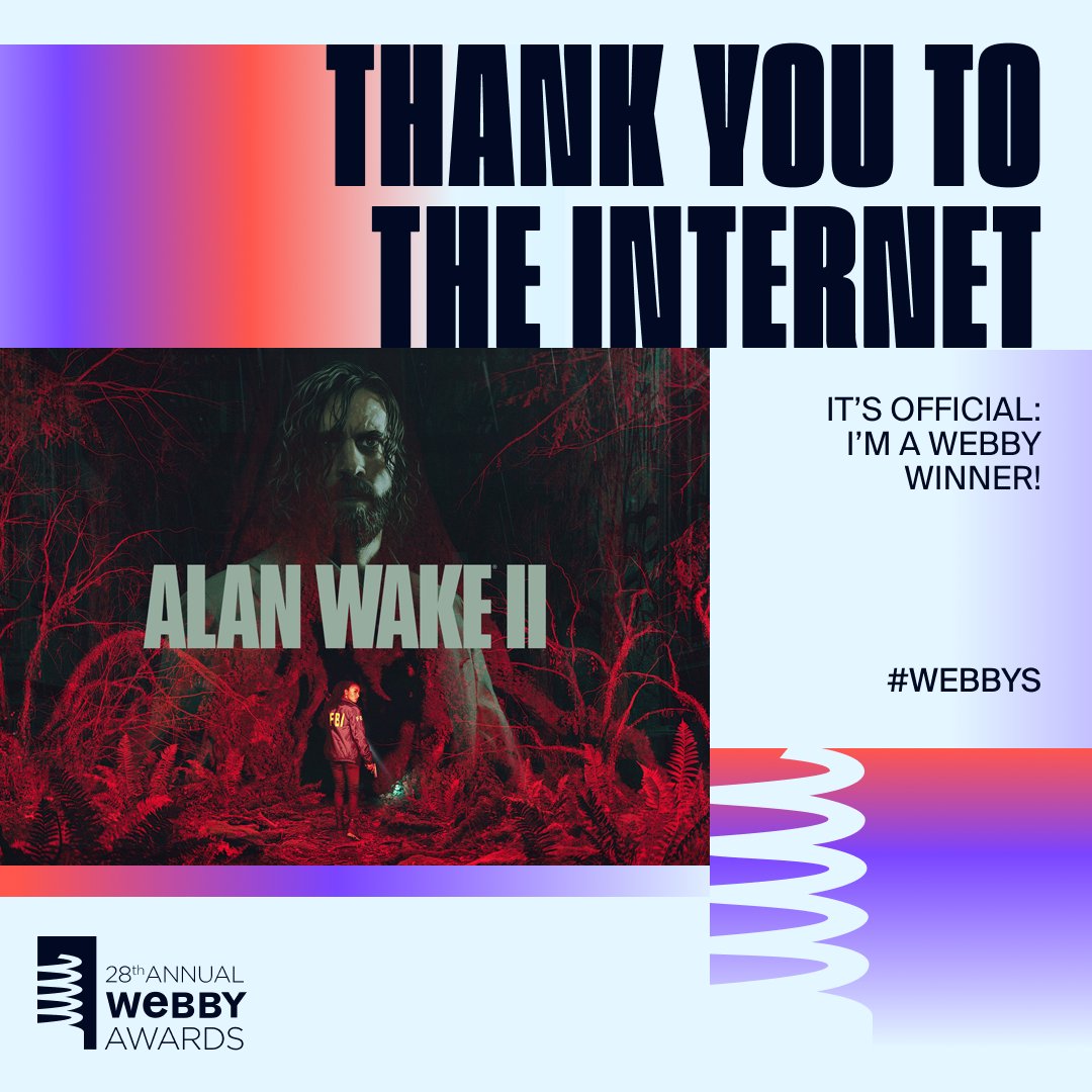 Alan Wake 2 won the Webby Award for Best Music/Sound Design in the Games category! Thank you to all the champions of light (and heralds of darkness) who voted for the game! @TheWebbyAwards