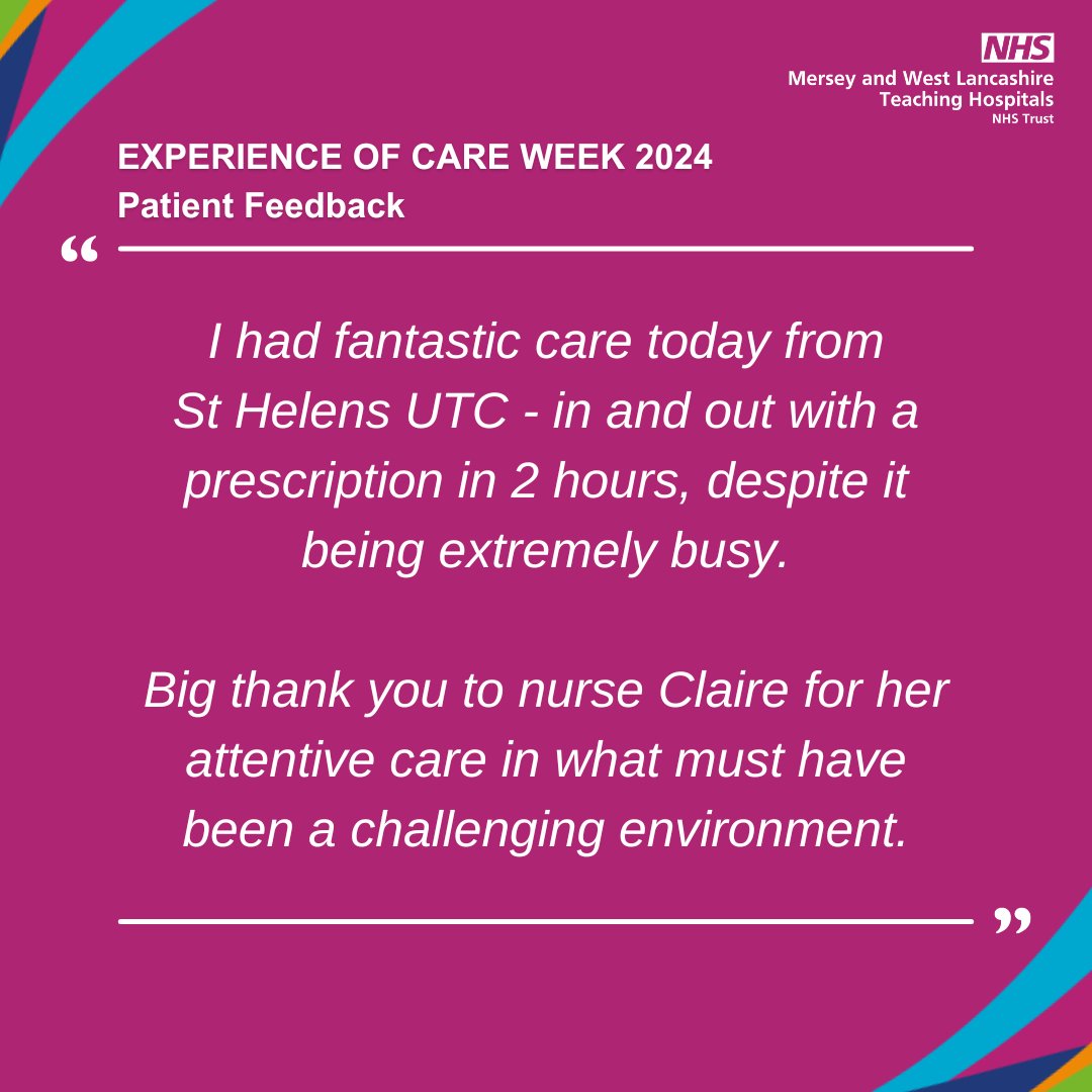 This week we’re sharing some of the wonderful feedback we’ve had as part of Experience of Care Week. Take a look at this comment about one of our community sites - St Helens Urgent Treatment Centre👏 #ExpOfCare