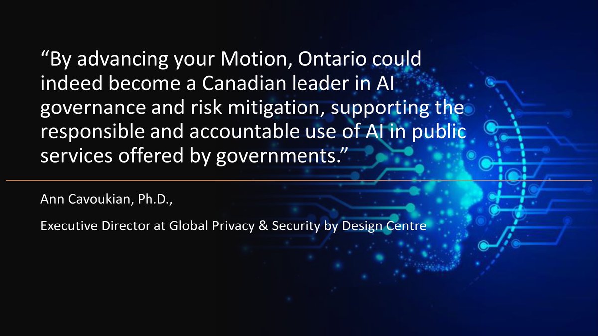 As the ballot date for my motion on AI use in government approaches, I'm actively engaging with industry leaders like Dr. @AnnCavoukian, current Executive Director of Global Privacy & Security by Design Centre Inc, and former Information & Privacy Commissioner of Ontario. #onpoli
