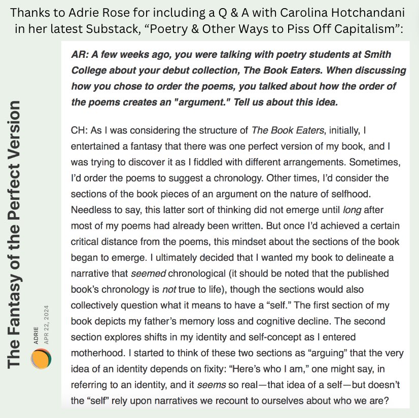 Thanks to Adrie Rose (former intern at Perugia, editor at Nine Syllables Press, amazing poet) for this Q & A with Carolina Hotchandani in her latest Substack, “Poetry & Other Ways to Piss Off Capitalism.” 💜 @CHotchandani @AdrieLovesPie Read the whole: open.substack.com/pub/adrie/p/th…