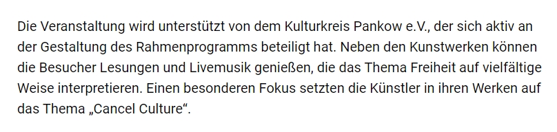 #b2604 #b2704 #fckQuerdenken #FCKdieBasis
[2/3]  Auch der 'Kulturkreis Pankow e.V.' wird im Artikel erwähnt. Dieser hatte versucht eine Vorführung eines Films von #AlinaLipp zu veranstalten und organisiert andere einschlägige Events, die oft im 'Al Hamra' stattfinden.