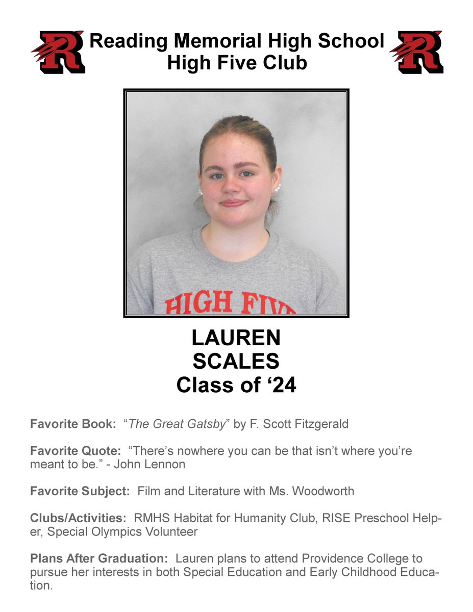 Congratulations to Lauren Scales on becoming the newest member of the @RocketsRMHS High Five Club! #Classof2024 #GoRockets @TheOrbitofRMHS @ReadingSchools @TownOfReadingMA