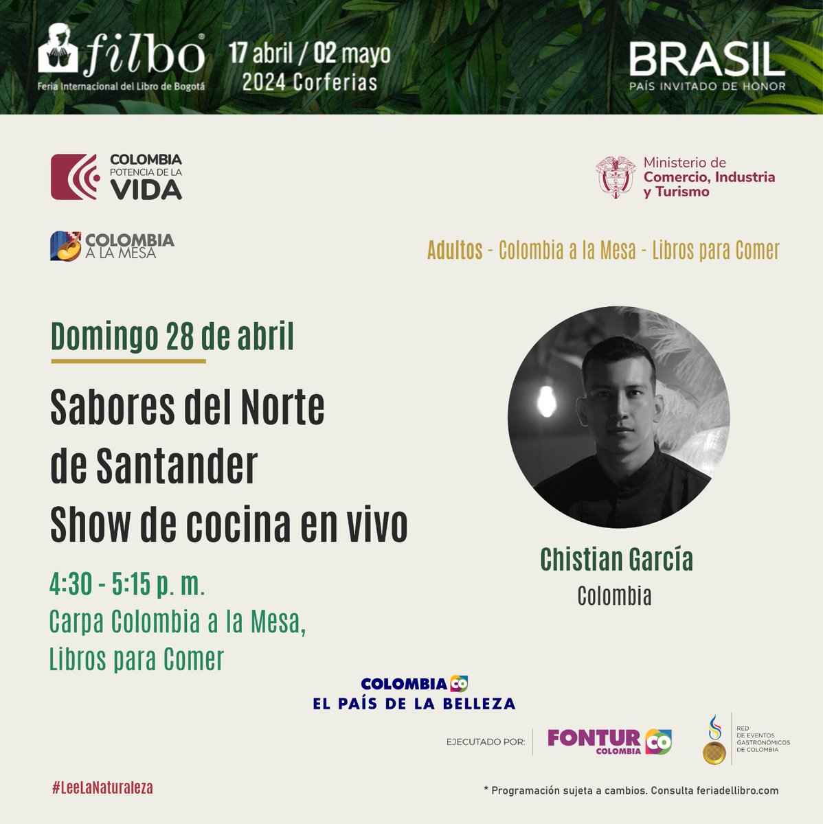 🍽️📚 ¡Hoy es domingo de 'Libros para Comer' en la @FILBogota! A partir de las 2:30 p.m. tenemos preparada una agenda exquisita para los interesados en la cocina y la literatura. Los esperamos con nuestros expertos de diferentes regiones de Colombia 🇨🇴 #ElPaísDeLaBelleza. 👇