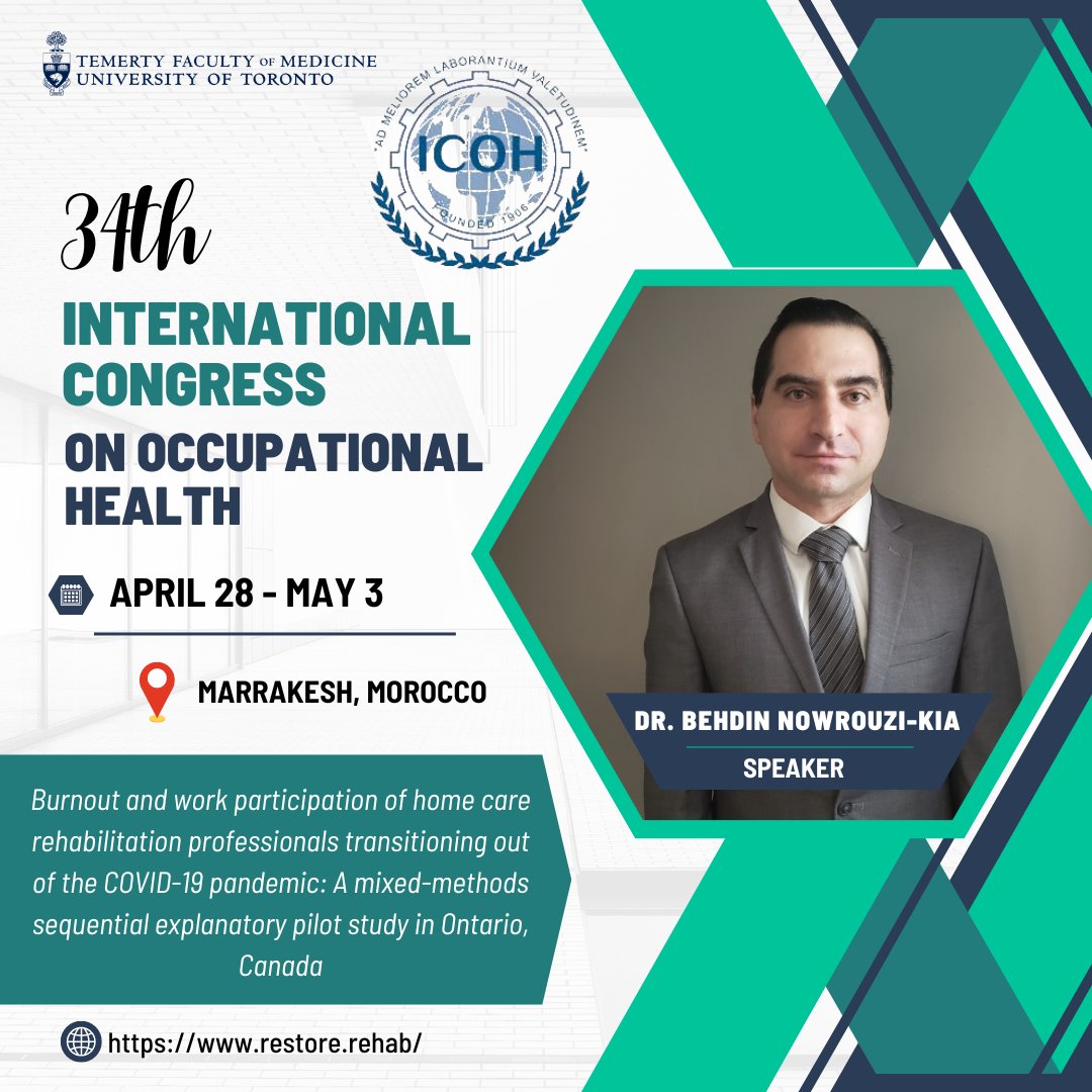 We are excited to announce that the ReSTORE lab will be attending the 34th International Congress on Occupational Health in Marrakesh, Morocco. @icoh2024 @IcohOrg @behdin #OccupationalStress #Burnout #ResilienceBuilding #MentorshipMatters #PeerSupportNetwork #MindfulnessAtWork