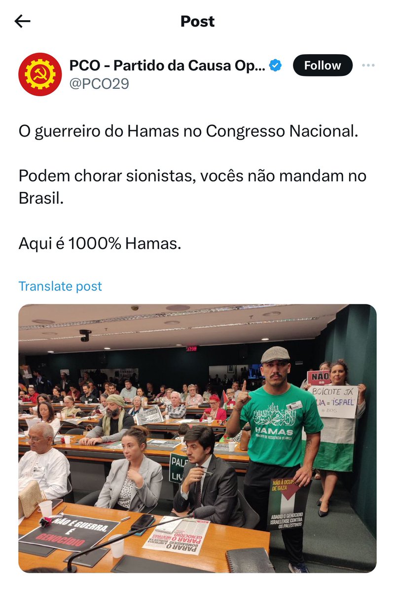 🇧🇷Apoiador do Hamas dentro do congresso nacional é parabenizado pelo PCO. Inacreditavel. ——— 🇬🇧Hamas supporter inside the brazilian congress is congratulated by the the communist party in Brazil. Unbelievable.