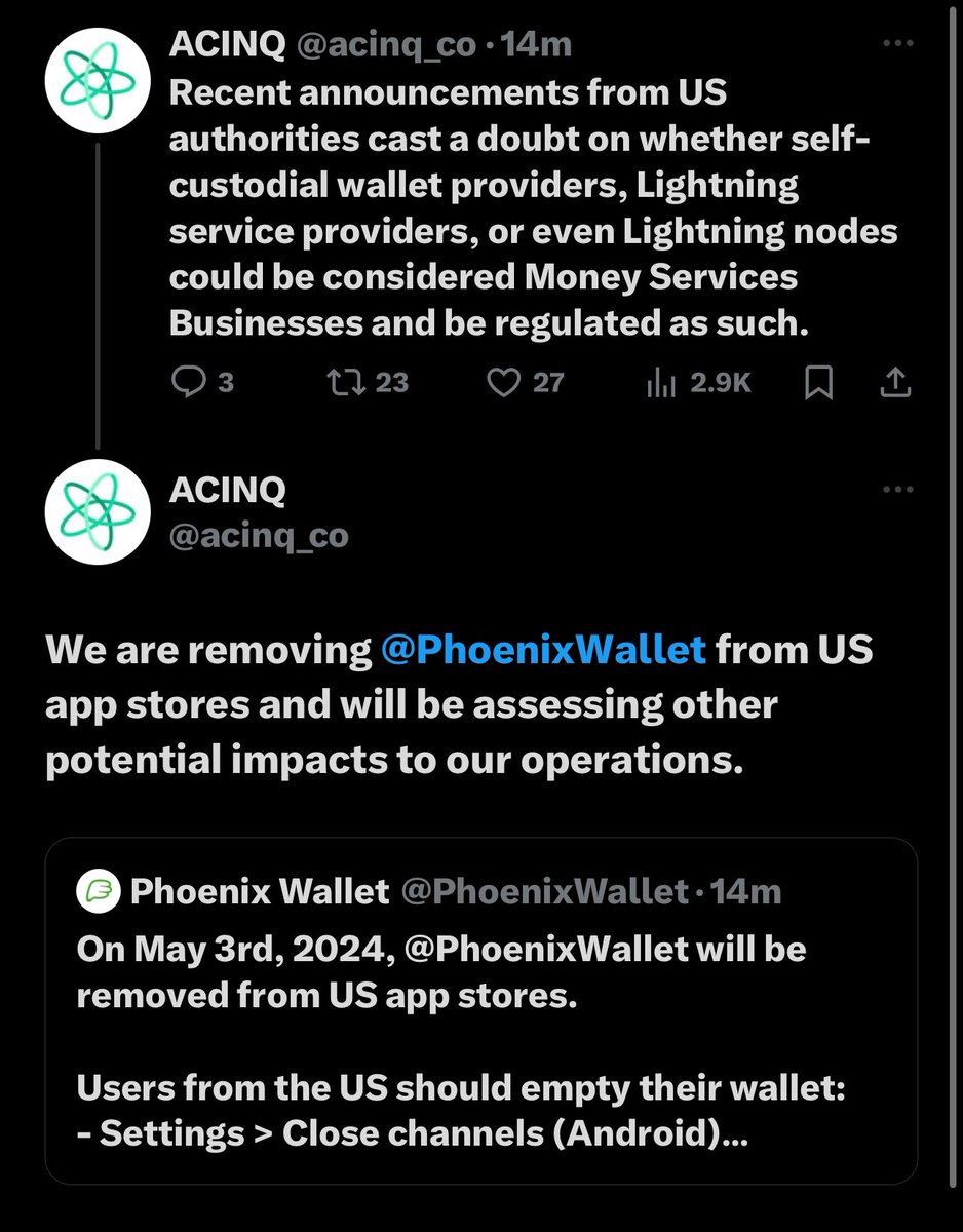 Non-custodial Lightning wallet shutting down in the U.S. after recent announcements from U.S. authorities. 

Software is free speech. 
#Bitcoin is free speech. 

It’s time to take a stand.
If not now, then when?