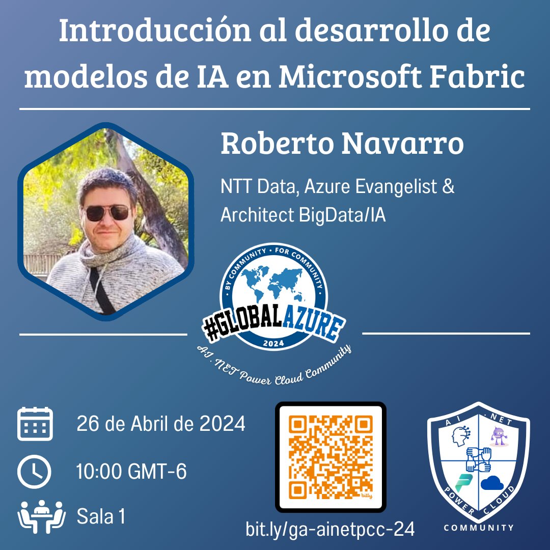 En instantes en el #GlobalAzure:

Tema: Introducción al desarrollo de modelos de #IA en Microsoft Fabric

Ponente: <a href="/NavarroRoberto_/">Roberto</a>

Aprende sobre #MachineLearning, conceptos, aplicación en MS Fabric, opciones que ofrece y más en forma práctica

En vivo:
youtube.com/watch?v=a4gI0U…
