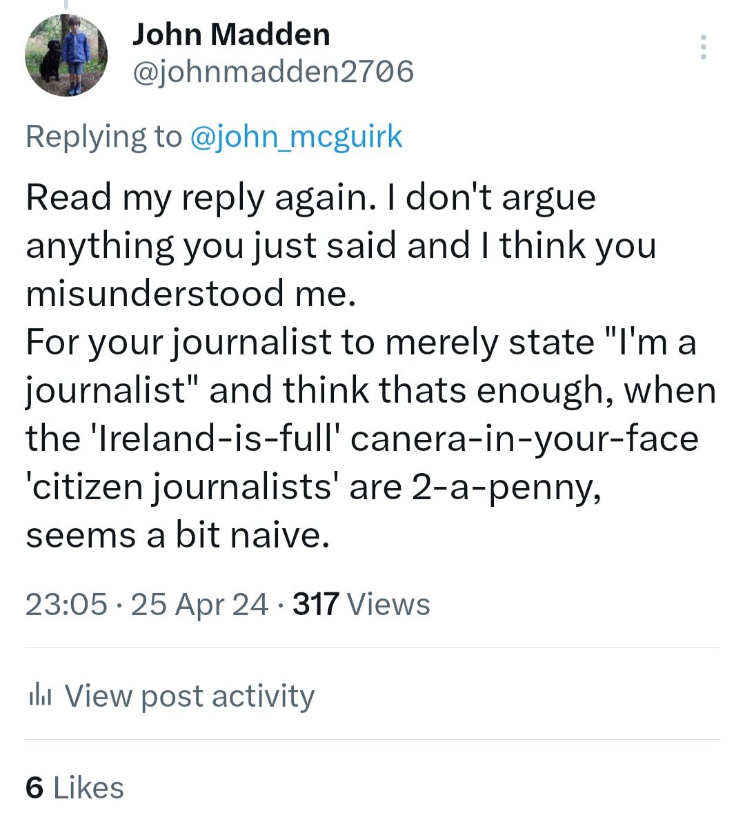 @jubbyjub7 @john_mcguirk Misinterpreted... a real eye opener to see the level of hate and abuse I've got since then. And not just on Twitter but people who have found other ways to spew their vitriol in my direction.
When one's followers are like that, then you shouldn't quote tweet