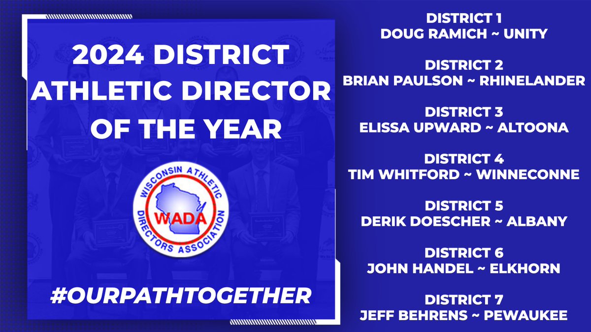 Congratulations to these seven that were selected as the 2024 District Athletic Director of the Year! #OurPathTogether These individuals will be honored at the annual conference in November! #CelebrateSuccess #CelebrateExcellenceInLeadership