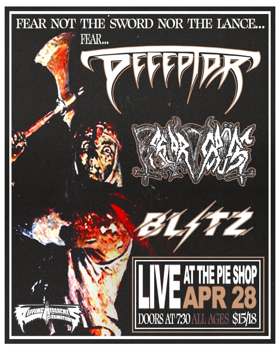 This Sunday @ Pie Shop!! Damn good riffs & pie🔥 DECEPTOR (NC) BASTARD CROSS (PA) BLITZ 7:30pm. All Ages 🎟️🎟️🎟️TICKET LINK IN BIO or linktr.ee/rippingheadach…