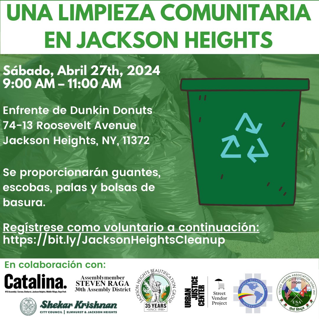 Come out and join us, @CatalinaCruzNY, @voteshekar, JHBG, @VendorPower, Alianza Ecuatoriana, and the United Sherpa Association for our Jackson Heights Community Clean Up ♻️ tomorrow, Saturday, April 27th, 2024 from 9 AM to 11 AM. Sign up to volunteer at bit.ly/JacksonHeights…!